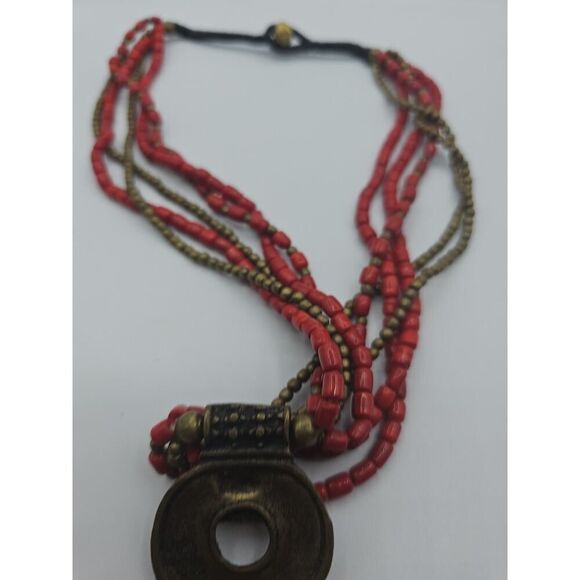 Vtg Southwestern Native American Brass Pendant Red Beads 18" - Picture 8 of 10